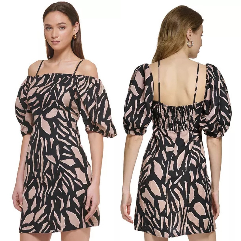 DKNY Abstract Print Cold Shoulder Puff Sleeve Shift Mini Dress, SMALL Black Tan